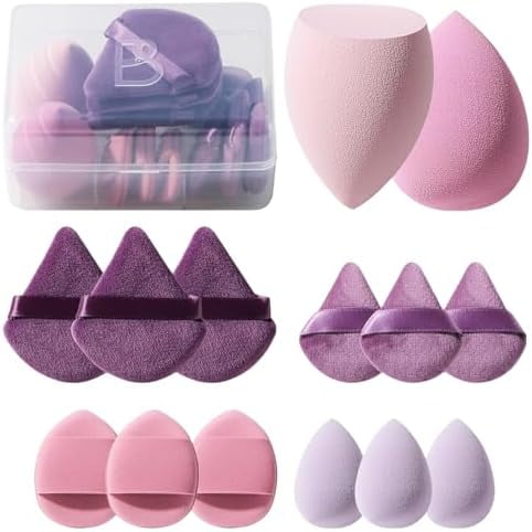 Sponge Set Triangle Puff 14 count for Liquid, , and , Multi-colored Sponges and Mini Sponge with Case (A-Purple)