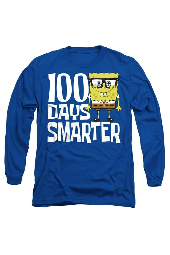 SpongeBob 100 Days Smarter Unisex Adult Long-Sleeve T Shirt, Royal, Large