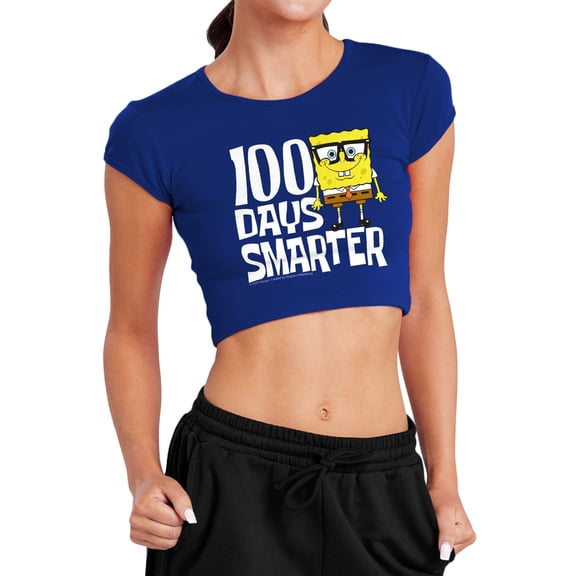 SpongeBob 100 Days Smarter Women's Cap Sleeve Baby Rib Crop Top, Royal, X-Large