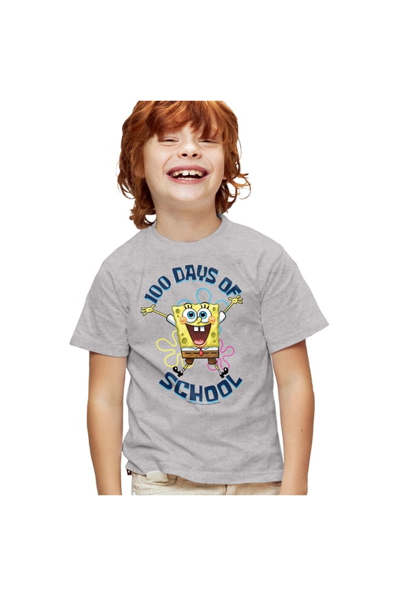 SpongeBob 100 Days of School Jump Kids T Shirt for Youth Boys and Girls, Athletic Heather, Large