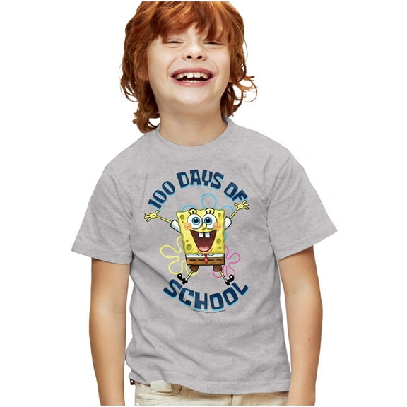 SpongeBob 100 Days of School Jump Kids T Shirt for Youth Boys and Girls, Athletic Heather, Medium
