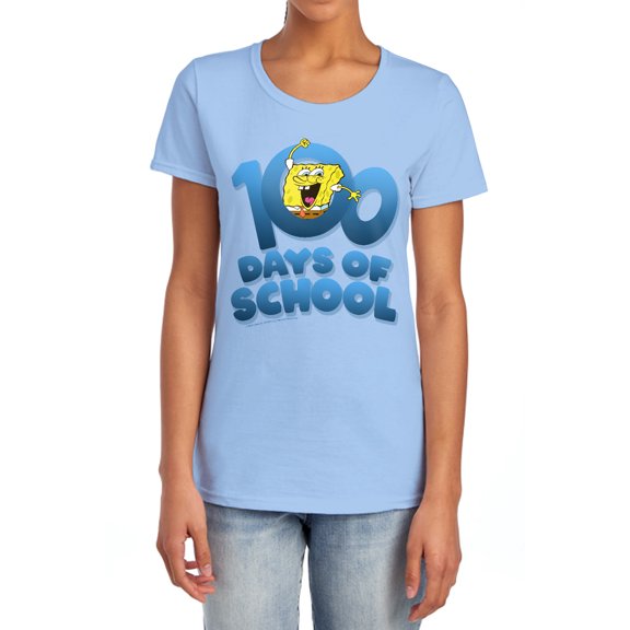 SpongeBob 100 Days of School Women's T Shirt, Light Blue, Medium