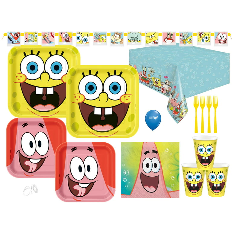 SpongeBob Birthday Party Supplies Bundle Table Set with Plates, Napkins,  Table Cover, Cups, and Forks for 16 Guests 