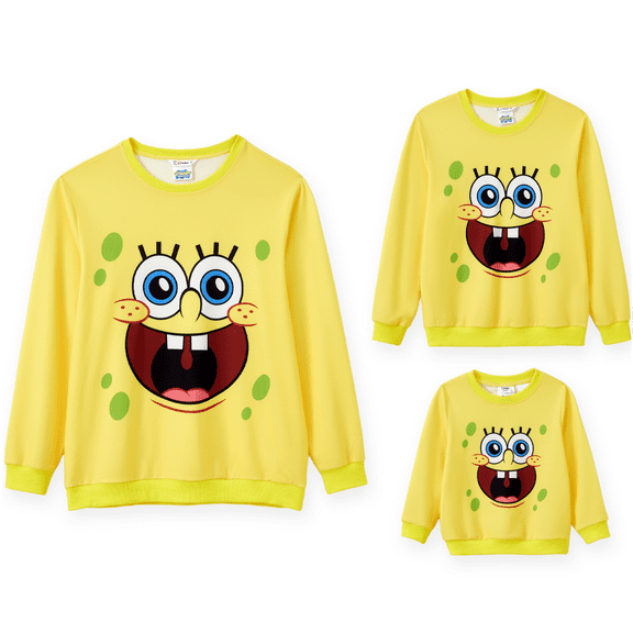 SpongeBob Family Matching Sweatshirt for Women Funny Face Graphic Long Sleeve Top Sizes S-XL