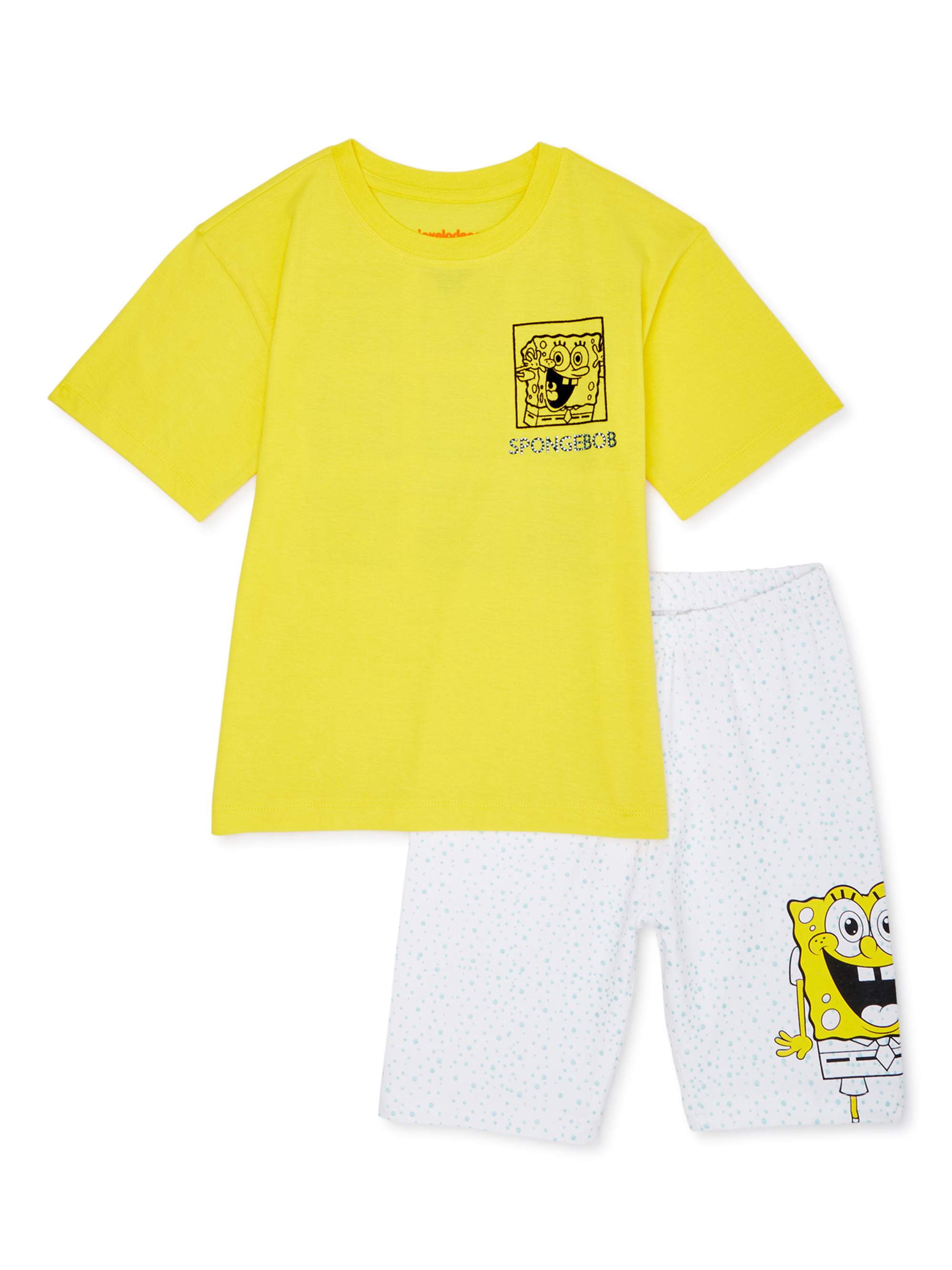 SpongeBob Girls Oversized Cozy Tee and Printed Graphic Biker Short Outfit Set, 2-Piece, Sizes 4-16