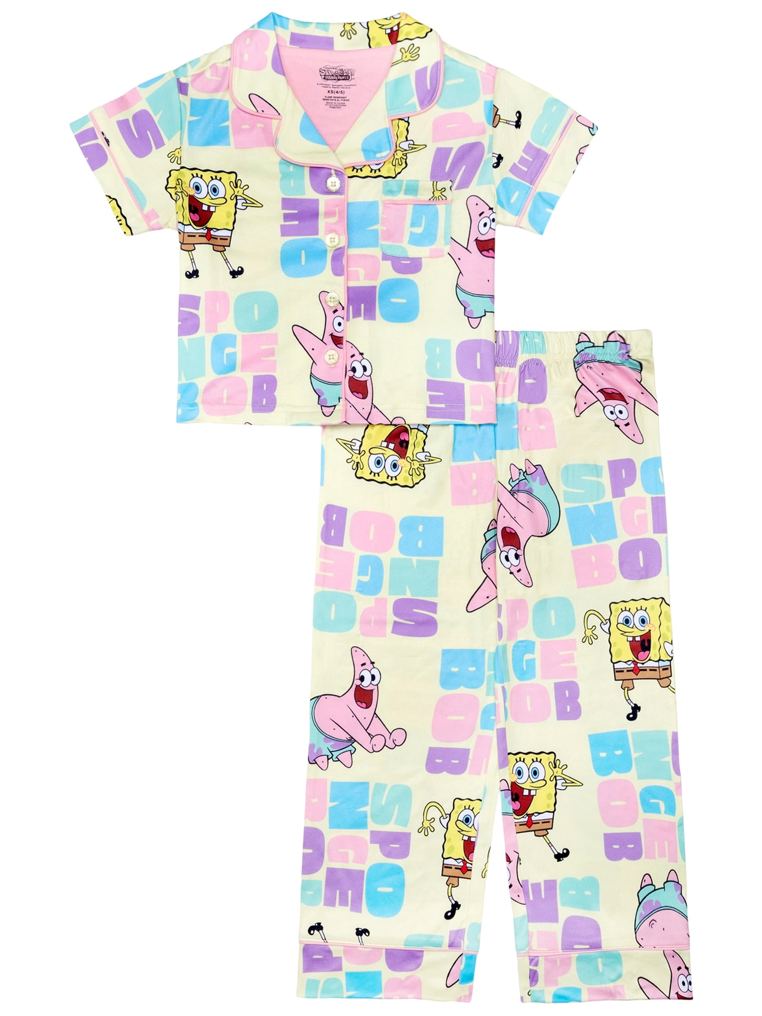 SpongeBob Girls Button Front Top and Pants Pajama Set, 2-Piece, Sizes 4-12