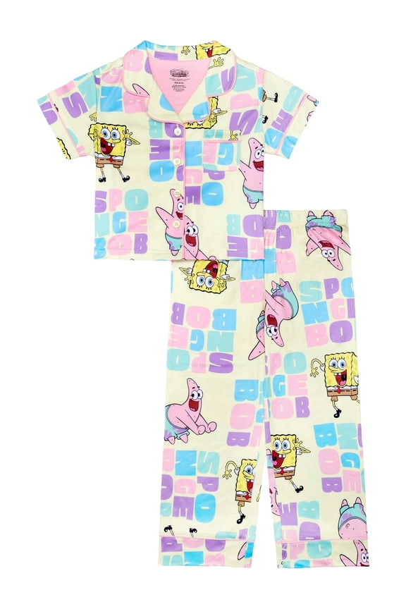 SpongeBob Girls Button Front Top and Pants Pajama Set, 2-Piece, Sizes 4-12