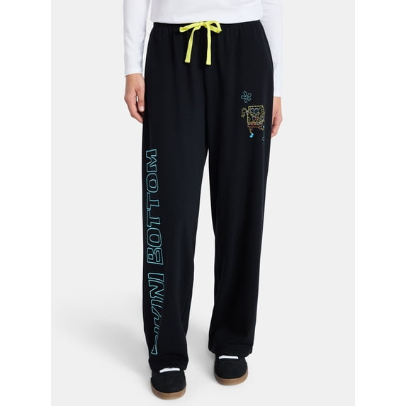 SpongeBob SquarePants Women’s Graphic Wide Leg Fleece Pants, Sizes XXS-XL