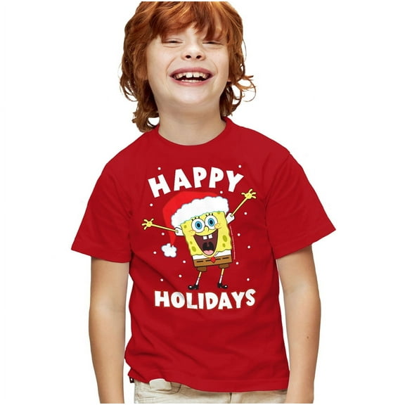 SpongeBob Happy Holidays Christmas Kids T Shirt for Youth Boys and Girls, Red, Small