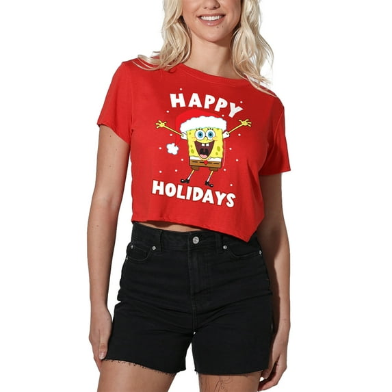 SpongeBob Happy Holidays Christmas Women's Crop Top T-Shirt, Red, Large