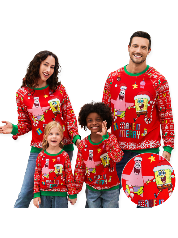 SpongeBob Mens Christmas Graphic Sweatshirts For Couple Holiday Pullover Tops Family Matching sets Sizes S-XL
