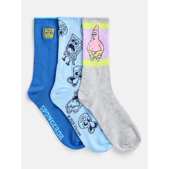 SpongeBob SquarePants Men's Crew Socks, 3-Pack, Shoe Sizes 8-12
