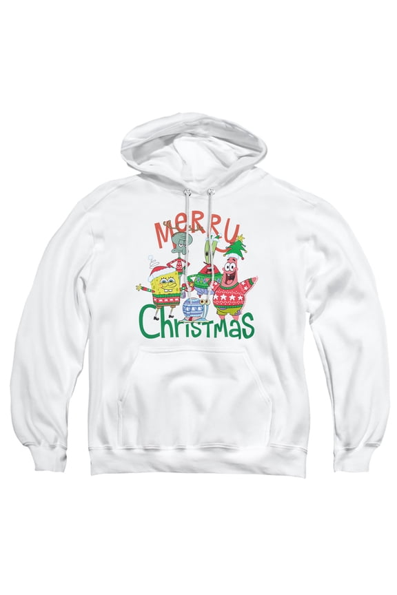 SpongeBob Merry Christmas Group Adult Pull-Over Hoodie, White, Medium