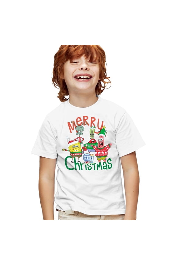 SpongeBob Merry Christmas Group Kids T Shirt for Youth Boys and Girls, White, Medium
