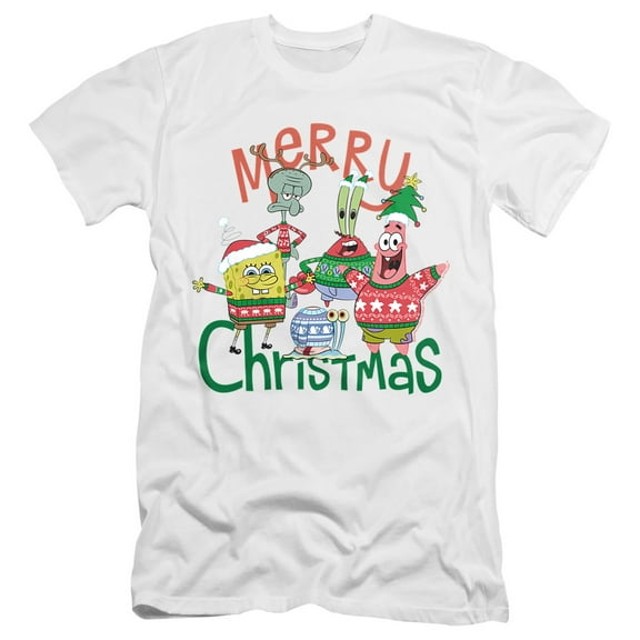 SpongeBob Merry Christmas Group Unisex Adult Canvas Brand T Shirt, White, Large
