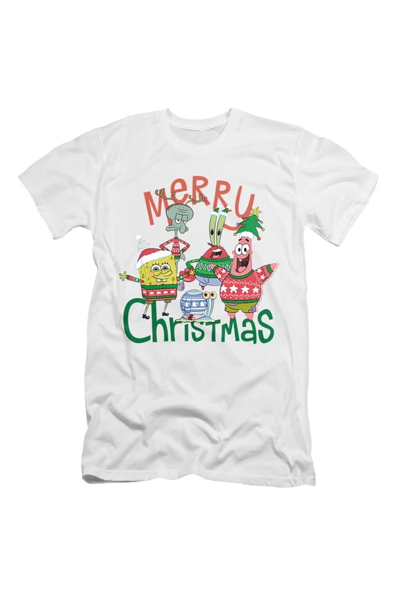 SpongeBob Merry Christmas Group Unisex Adult Canvas Brand T Shirt, White, Medium