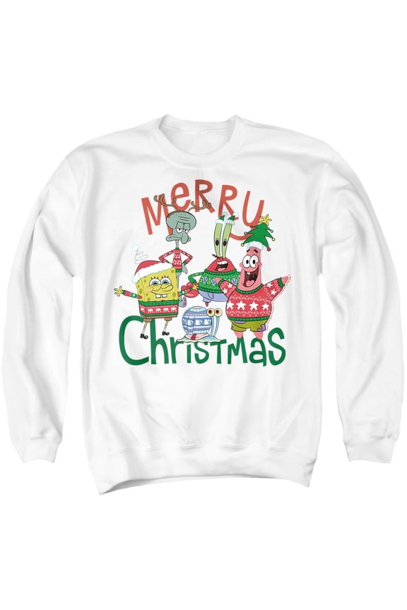 SpongeBob Merry Christmas Group Unisex Adult Crewneck Sweatshirt, White, X-Large