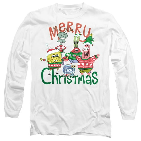 SpongeBob Merry Christmas Group Unisex Adult Long-Sleeve T Shirt, White, 2X-Large
