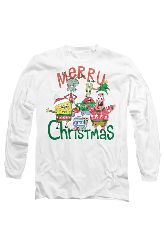SpongeBob Merry Christmas Group Unisex Adult Long-Sleeve T Shirt, White, Large