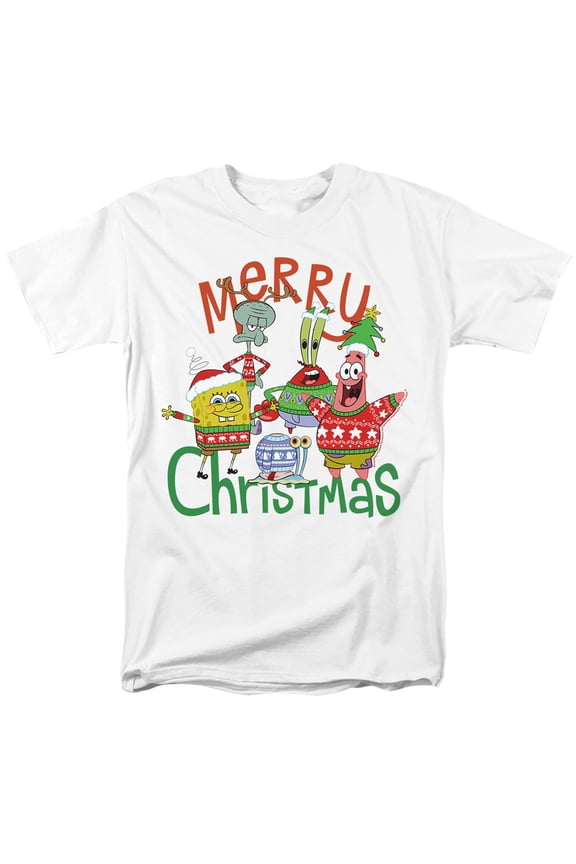 SpongeBob Merry Christmas Group Unisex Adult T Shirt, White, Large