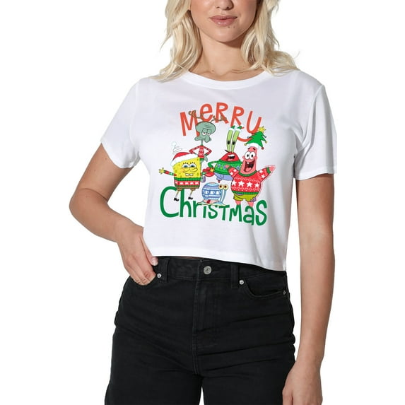 SpongeBob Merry Christmas Group Women's Crop Top T-Shirt, White, X-Large