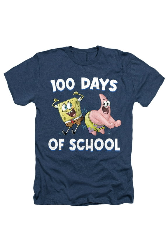 SpongeBob Patrick 100 Days of School Unisex Adult Heather T Shirt, Navy Heather, Large