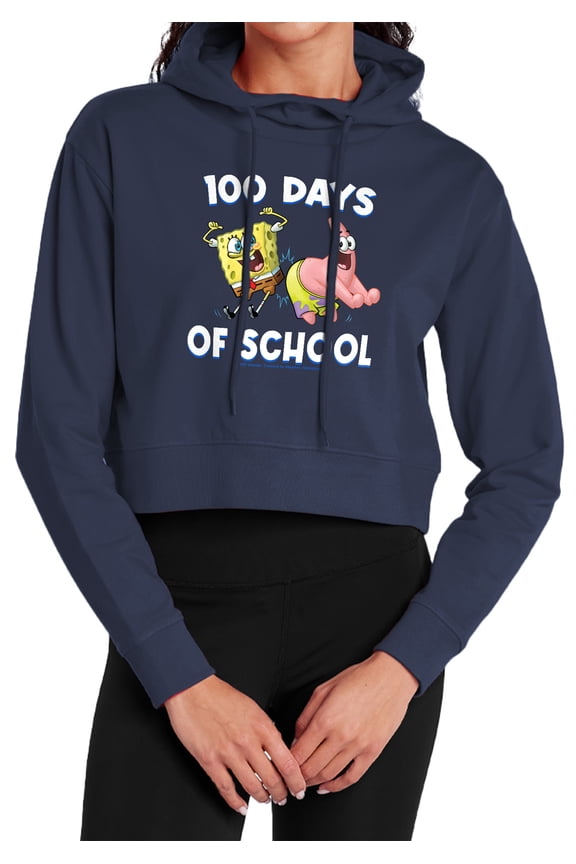 SpongeBob Patrick 100 Days of School Women's Cropped Hoodie Pullover Sweatshirt, Navy, Medium