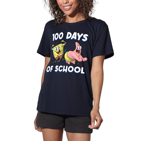 SpongeBob Patrick 100 Days of School Women's Loose T-Shirt, Navy, Small