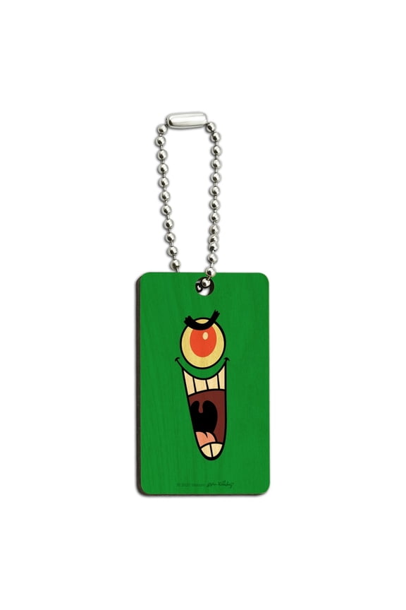 Spongebob Plankon Face Wood Wooden Rectangle Keychain Key Ring