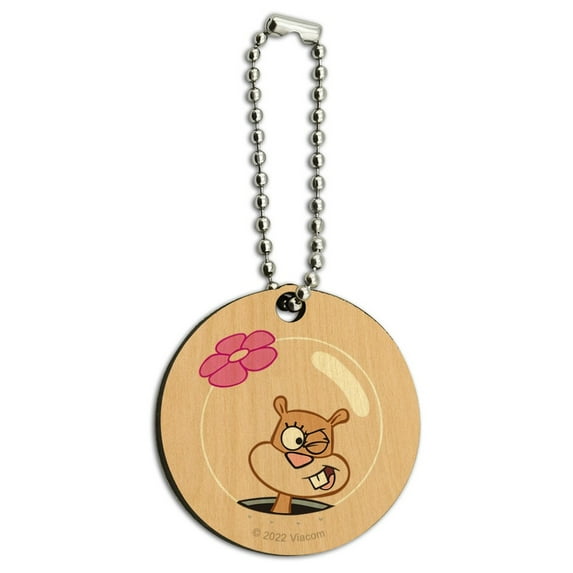 Spongebob Sandy Wink Face Wood Wooden Round Keychain Key Chain Ring