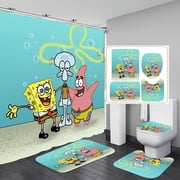 SpongeBob Shower Curtain Bathroom 4 Pieces Set Toilet Lid Cover and Bath Mat, Non-Slip Rugs Durable and Waterproof, for Bathroom Decor Set, 72 x 72
