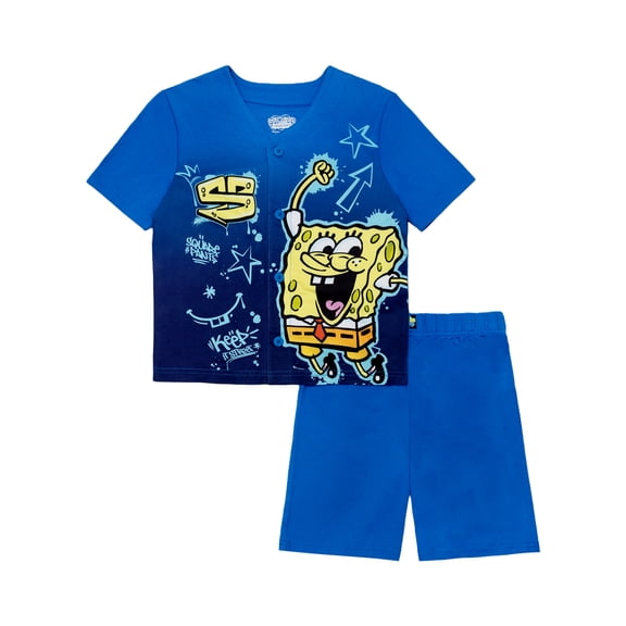 SpongeBob SquarePants 2-Piece Short Sleeve Top and Short Jersey Coat Pajama Set, Sizes 4-12