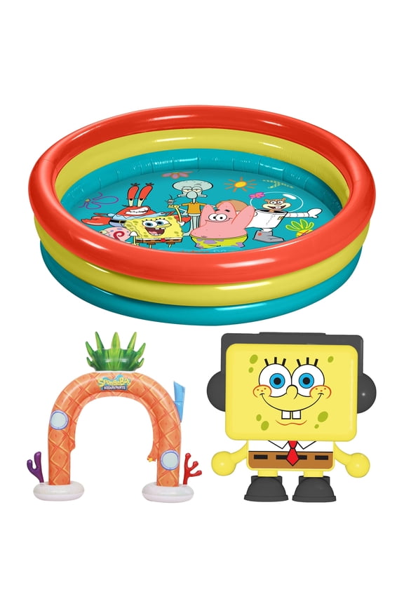 3-Ring Inflatable Swimming Pool, Portable Pool for Outdoor/Indoor Play, for Kids Ages 3+ Including Spongebob Sprinkler and Boombot