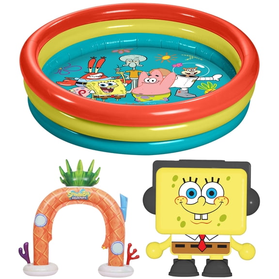 SpongeBob SquarePants 3-Ring Inflatable Swimming Pool, Portable Pool for Outdoor/Indoor Play, for Kids Ages 3+ Including Spongebob Sprinkler and Boombot
