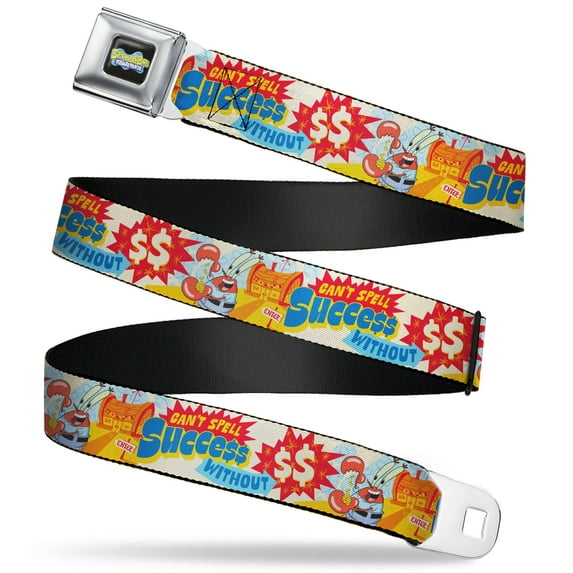 SpongeBob SquarePants Belt, Seatbelt Buckle Belt, Mr Krab Krusty Krab Succce$$ Collage Ivory Multi Color, Youth 22 to 32 Inches