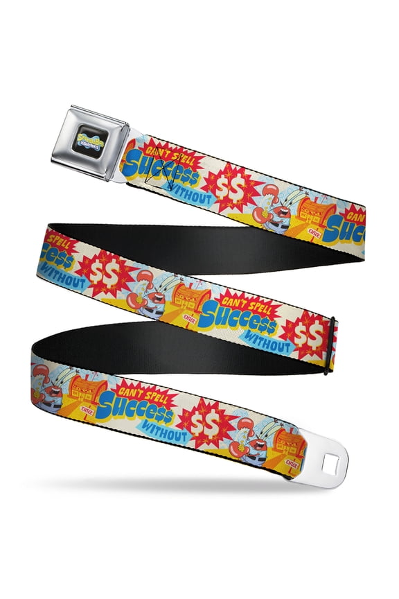 SpongeBob SquarePants Belt, Seatbelt Buckle Belt, Mr Krab Krusty Krab Succce$$ Collage Ivory Multi Color, Youth 22 to 32 Inches