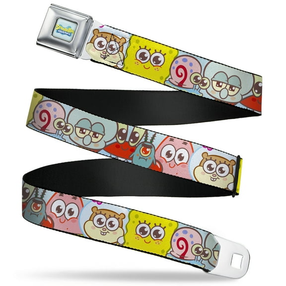 SpongeBob SquarePants Belt, Seatbelt Buckle Belt, Spongebob Squarepants and Friends Close-Up Face Light Blue, 30 to 44 Inches