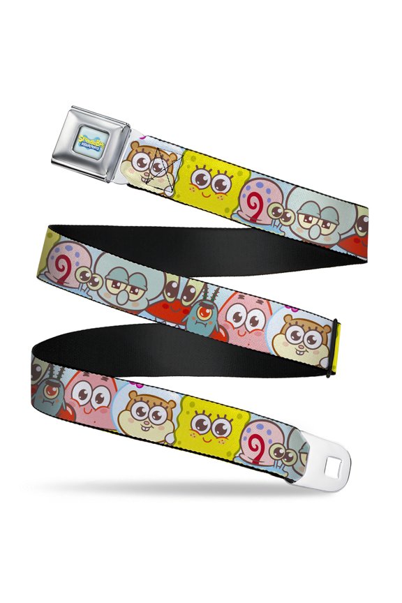 SpongeBob SquarePants Belt, Seatbelt Buckle Belt, Spongebob Squarepants and Friends Close-Up Face Light Blue, 34 to 52 Inches