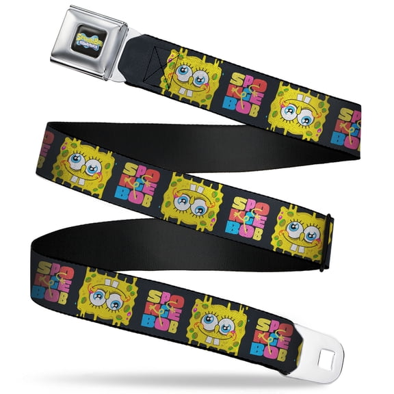 SpongeBob SquarePants Belt, Seatbelt Buckle Belt, Spongebob Text Block and Smiling Face Black Multi Color, 30 to 44 Inches
