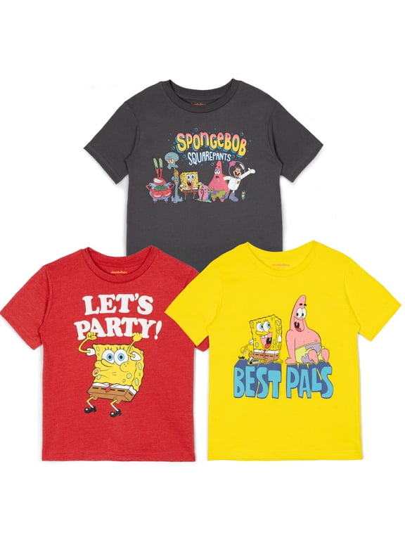 SpongeBob SquarePants Big Boys' 3-Pack Short Sleeve T-Shirts Red Yellow Dark Grey