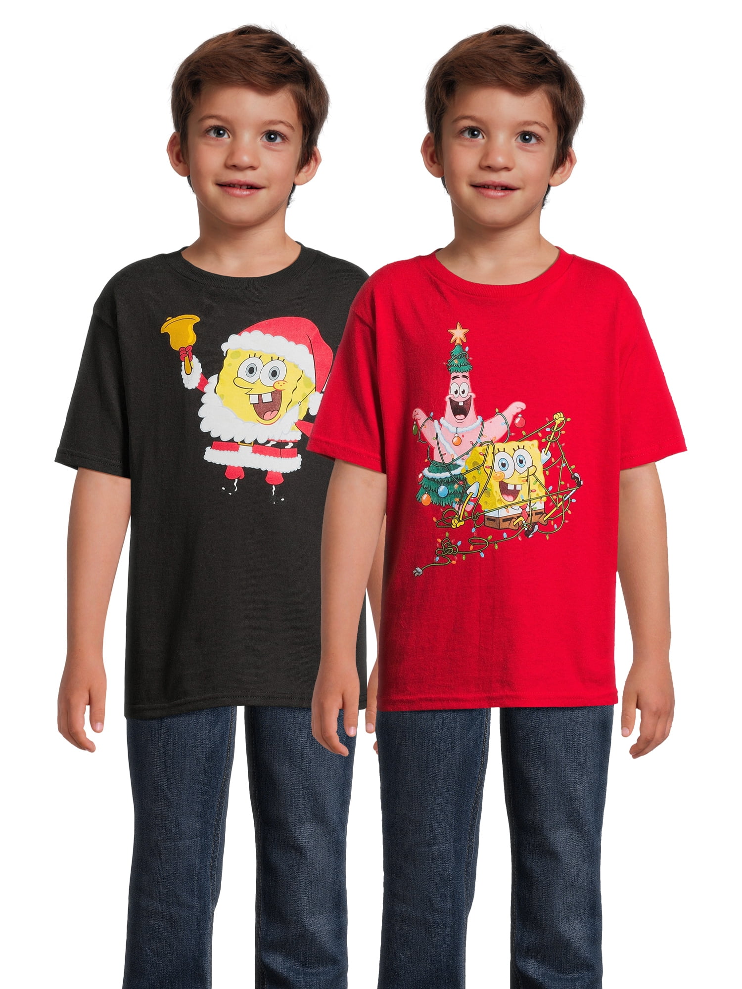 SpongeBob SquarePants Boys Christmas Graphic Tees with Short Sleeves, 2Pack, Sizes 418