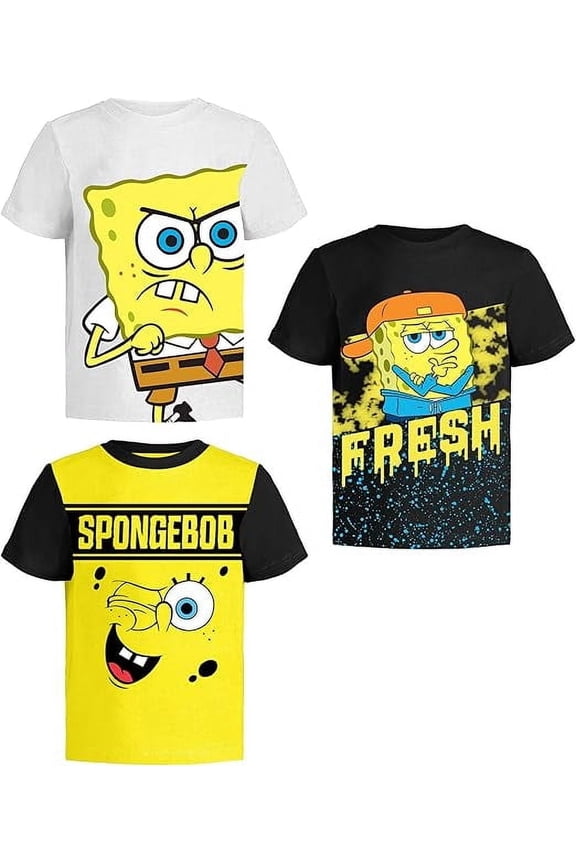SpongeBob SquarePants Boys' Graphic T-Shirts (3-Pack) – Toddler to Big Kids | 12 Years | White/Yellow/Black