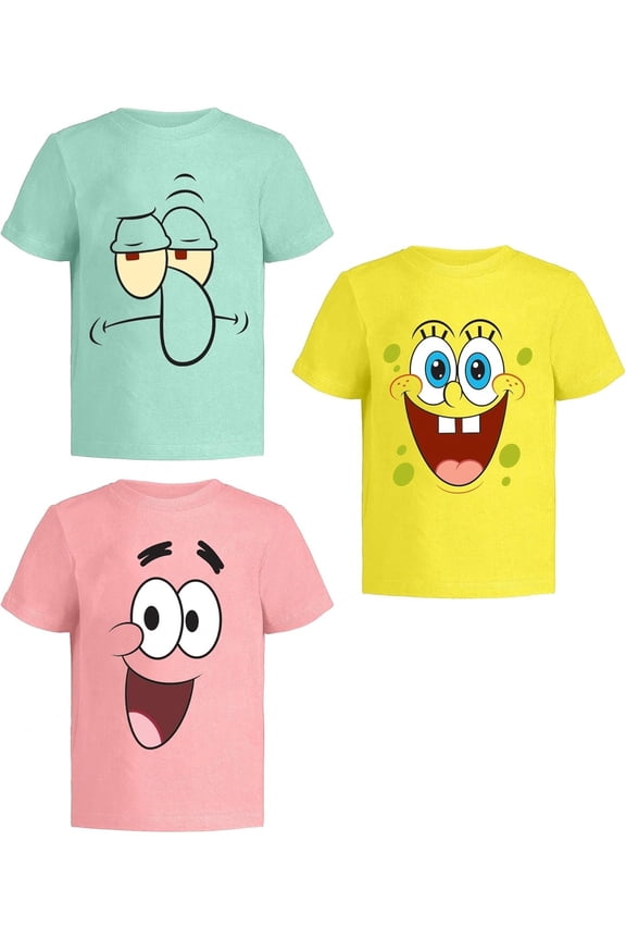 SpongeBob SquarePants Boys T-Shirts, Toddler Kids Clothes, Green/Yellow/Pink, 3 Pack
