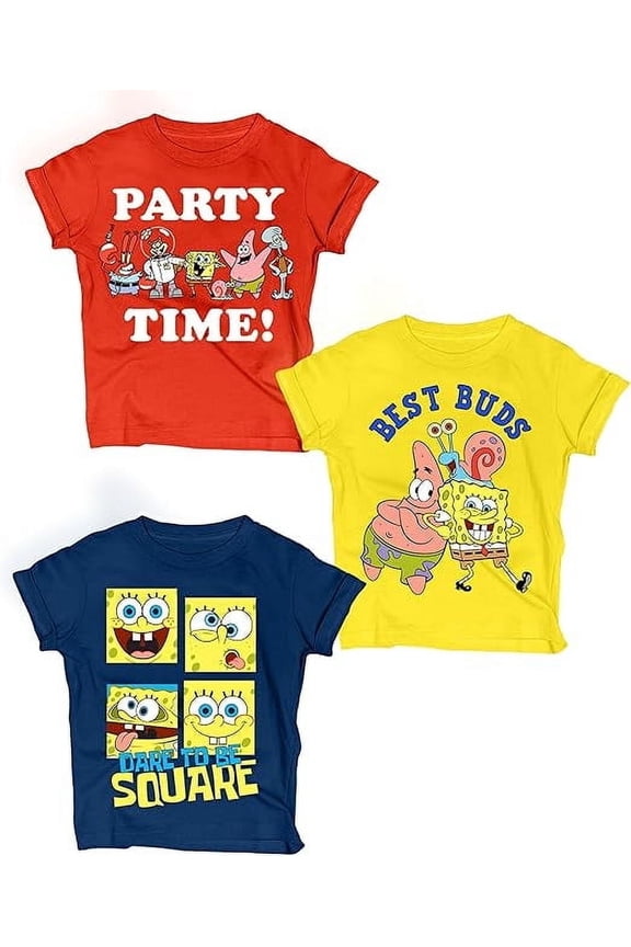 SpongeBob SquarePants Boys T-Shirts, Toddler Kids Clothes, Red/Navy/Yellow, 3 Pack
