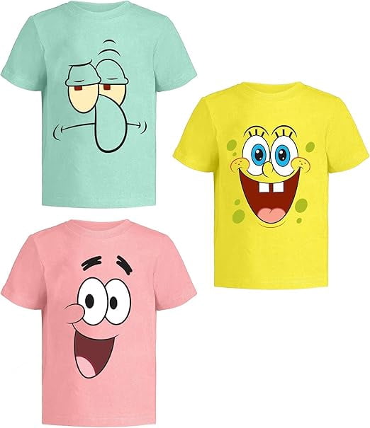 SpongeBob SquarePants Boys' Graphic T-Shirts (3-Pack) – Toddler to Big Kids | 8 Years | Blue/White Short Sleeve