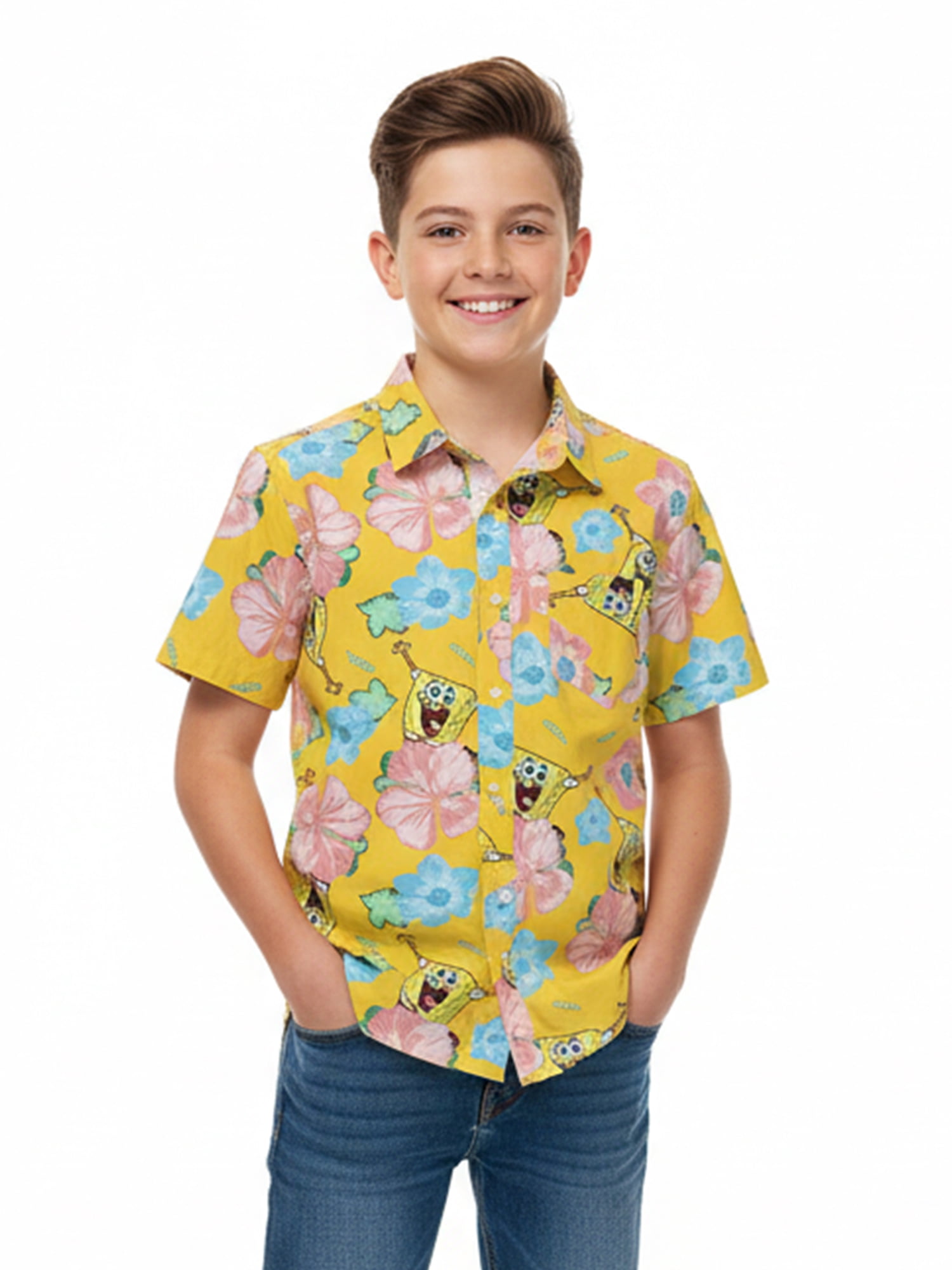 SpongeBob SquarePants Boys Cotton Graphic Button Up Shirt with Short Sleeves, Sizes 4-18