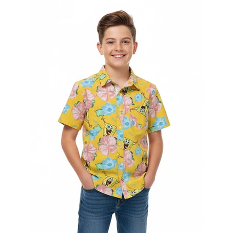 SpongeBob SquarePants Boys Cotton Graphic Button Up Shirt with Short Sleeves, Sizes 4-18