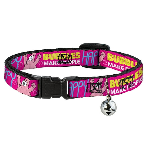 SpongeBob SquarePants Breakaway Cat Collar With Bell, Plastic Clip, Easy Adjustable, Patrick Starfish Pose Bubbles Make People Happy Pink, 8.5 to 12 Inches 0.5 Inch Wide