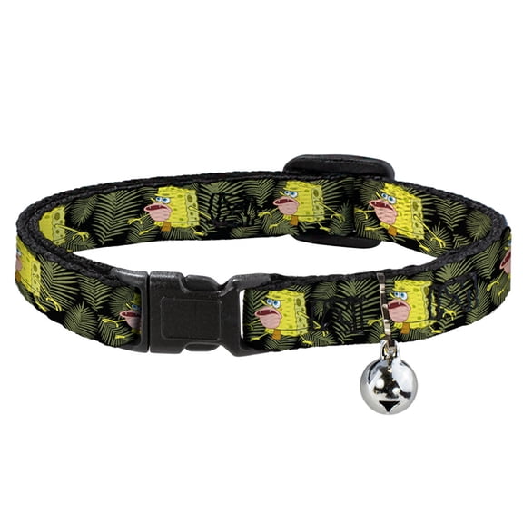 SpongeBob SquarePants Breakaway Cat Collar With Bell, Plastic Clip, Easy Adjustable, Primitive Sponge Pose Leaves Black Green, 8.5 to 12 Inches 0.5 Inch Wide