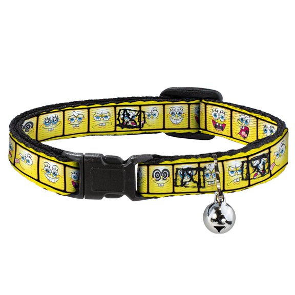 SpongeBob SquarePants Breakaway Cat Collar With Bell, Plastic Clip, Easy Adjustable, SpongeBob Expressions Filmstrip Yellows Black White, 8.5 to 12 Inches 0.5 Inch Wide